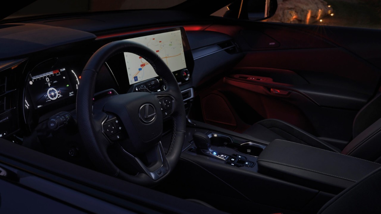 Front interior of the Lexus RX at night